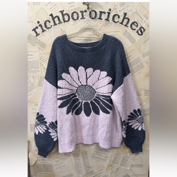 Free People In The Bloom Sweater Floral Colorblock Ribbed Hem Lilac Combo - Picture 5 of 6